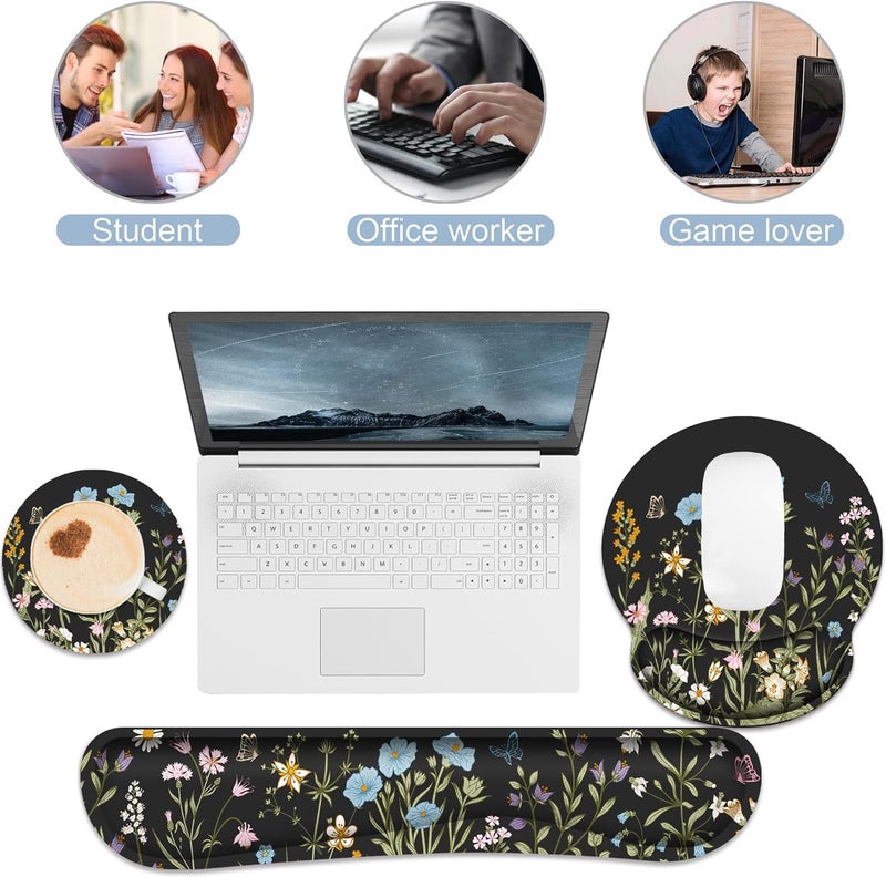 JIGOO Ergonomic Mouse Pad with Wrist Rest and Keyboard Wrist Rest, Memory Foam Wrist Rest for Computer Keyboard, Easy Typing, Pain Relief, Black Mouse Pad Wrist Support for Gaming,Office, Laptop, Floral - Image 4